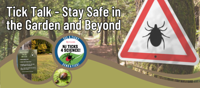 image of a forest with green border with a caution ticks sign
Image with a sign on preventing tick bites
Image of circle with a tick in the middle
Rutgers NJ Ticks 4 Science! See a tick? Send a tick!
image of three ticks on a leaf